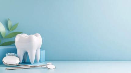 Dental care concept with large tooth model and tools on light blue background