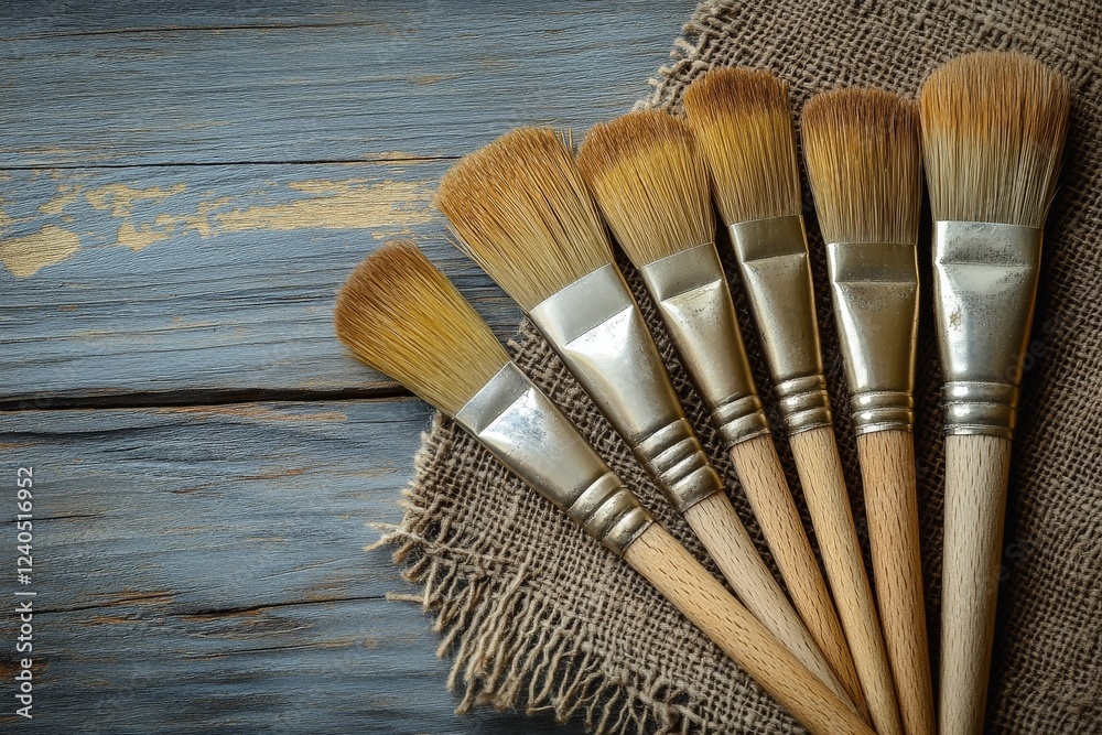 Aufkleber crafting tools arranged on burlap showcase various paintbrushes ready for artistic projects
