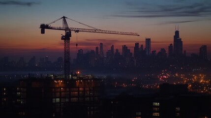 Construction crane silhouettes at sunset over city skyline.