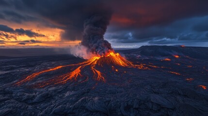 Fototapeta premium Erupting volcano at sunset with lava flows and dark clouds.