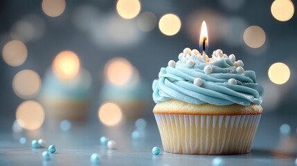 Festive blue cupcake, candlelit, bokeh background, celebration