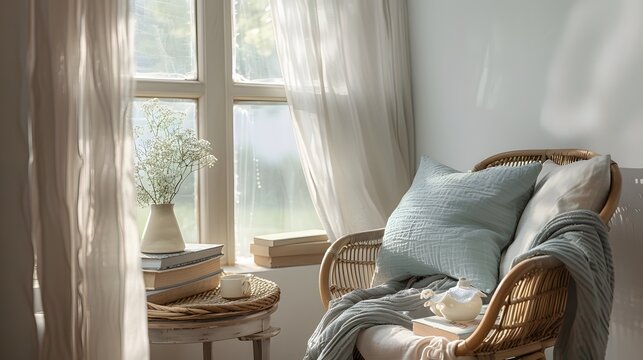 Sunlit reading corner with duck egg cushions and a blend of diverse, elegant decor elements