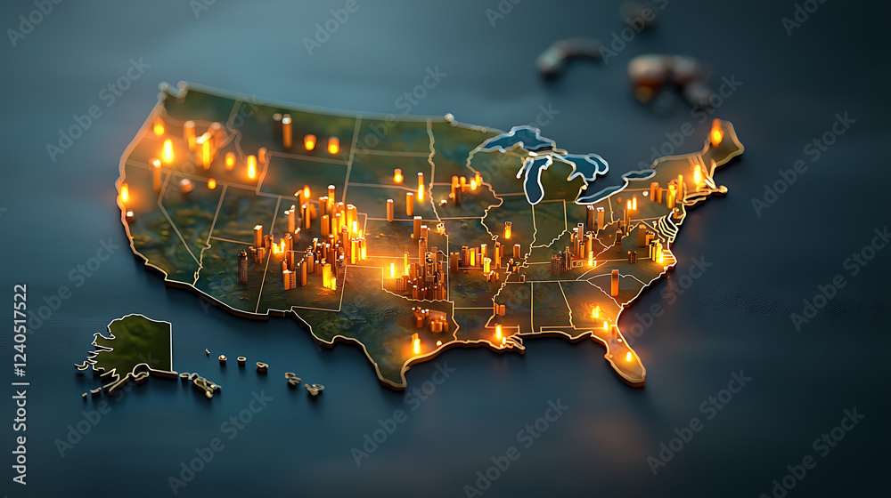 Poster illuminated regions of the us map data visualization geographic insights digital environment aerial 