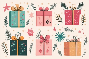 Festive gift boxes decorated with vibrant designs and greenery on a light background celebrating the holiday season
