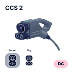 CCS 2 Combo standard charging connector plug and socket. Electric battery vehicle inlet charger detail. EV cable for DC power charge electricity. Isolated vector illustration on white background.