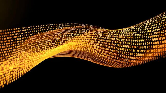 Flow of binary code represented as a golden wave on a black background illustrating digital technology concepts