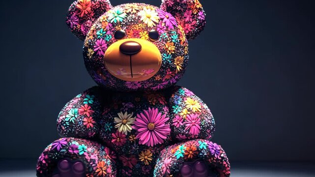 Colorful bear sculpture adorned with floral patterns in an artistic display