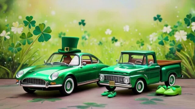 a small green car with a green top hat, st patrick day concept, St Patrick's Day Background, 17th March St. Patrick's Day, Happy St. Patrick's Day Card, Irish day, generative ai