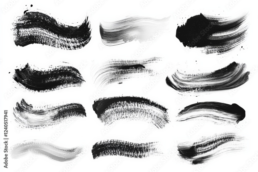 Poster bold black and white brush strokes showcasing artistic expression and texture in a creative arrangem