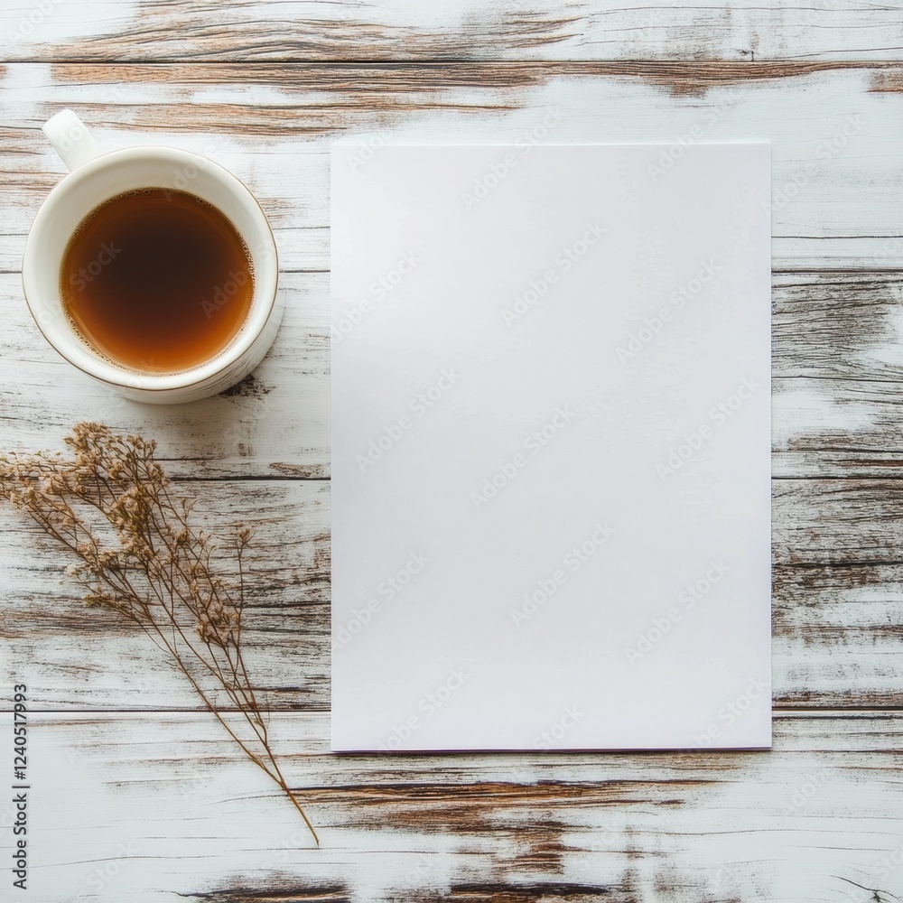 Aufkleber blank paper with a cup of tea and dried flowers on a rustic wooden table for creative inspiration an