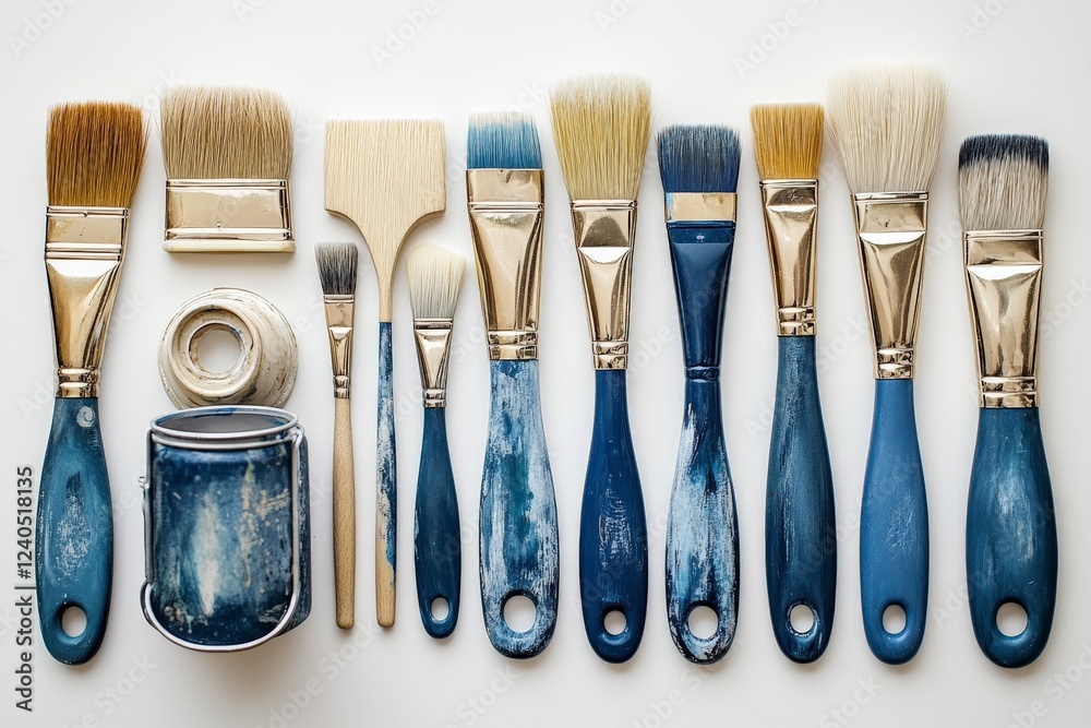 Poster Various paintbrushes and tools arranged neatly in a row with a paint can on a clean surface