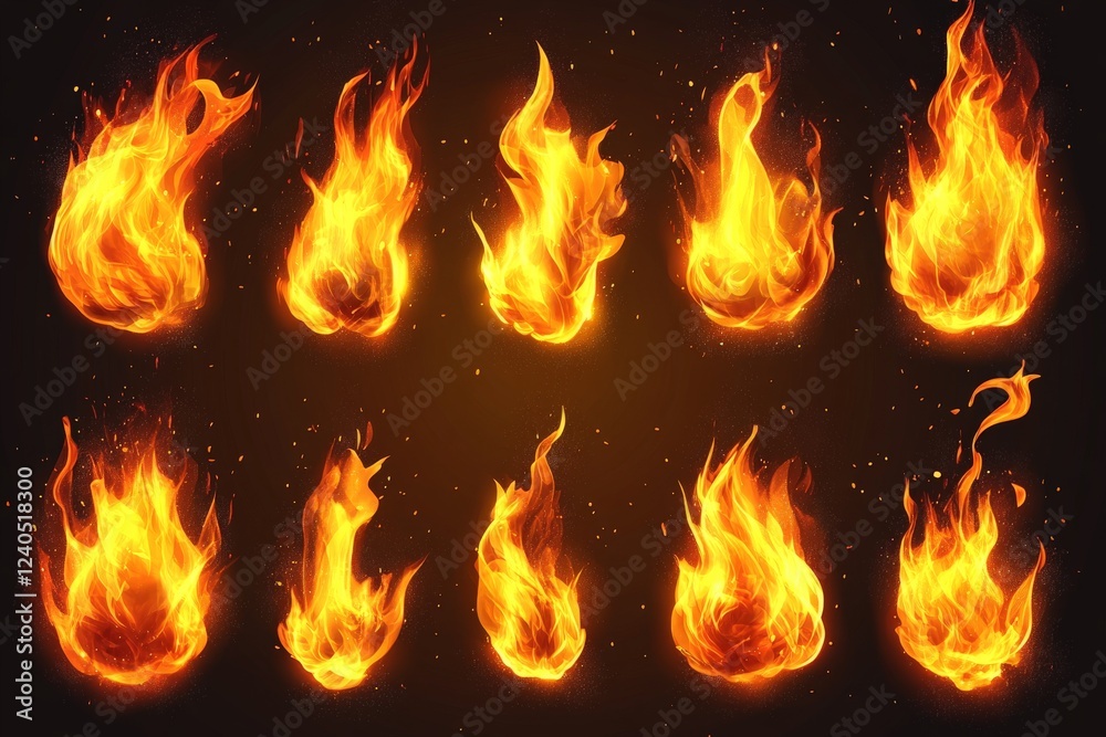Poster vibrant display of flames showcasing various shapes and motions in a dark background environment