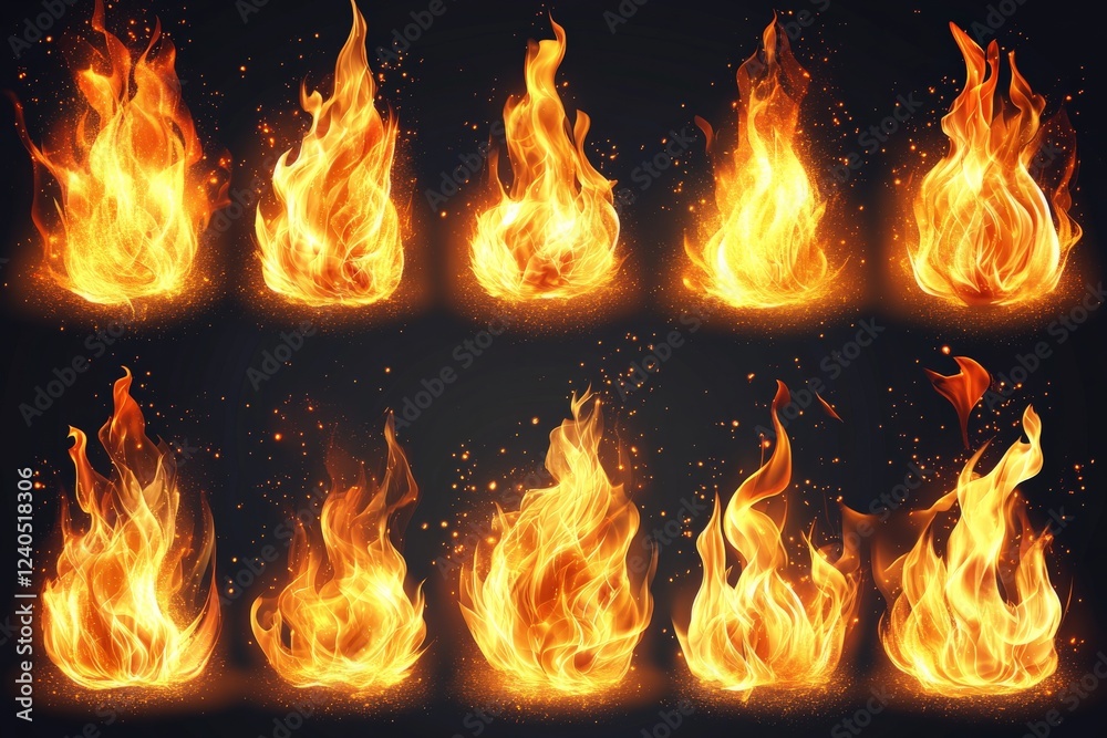 Poster Collection of vibrant flames in various shapes and sizes showcasing dynamic fire movement and intensity