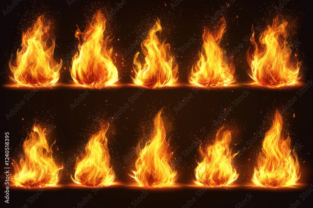 Aufkleber flickering flames exhibit vibrant colors and dynamic shapes in a dark setting, creating a captivatin