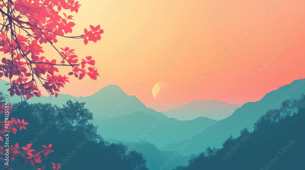 Poster vibrant sunset over mountainous landscape with colorful foliage creating a serene atmosphere in natu