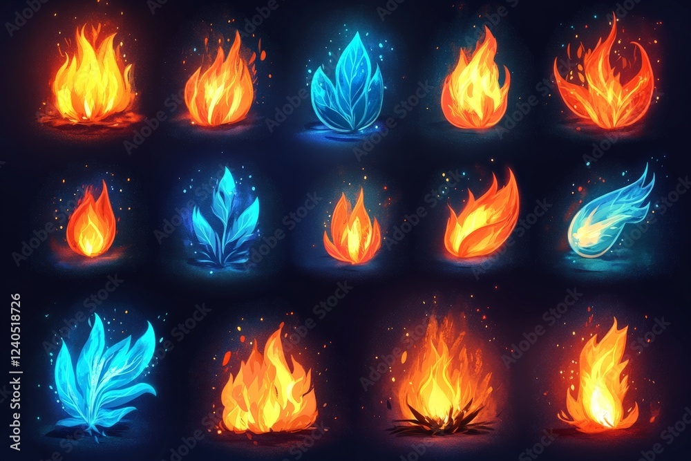 Aufkleber Vibrant and dynamic representations of fire and ice elements in various artistic styles and colors