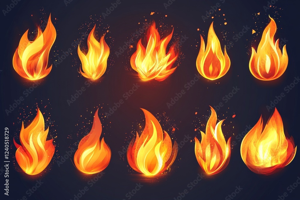 Poster Dynamic collection of fire flames showcasing various shapes and sizes against a dark background