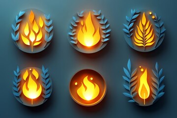 Unique designs featuring flame motifs surrounded by decorative leaves on a textured background