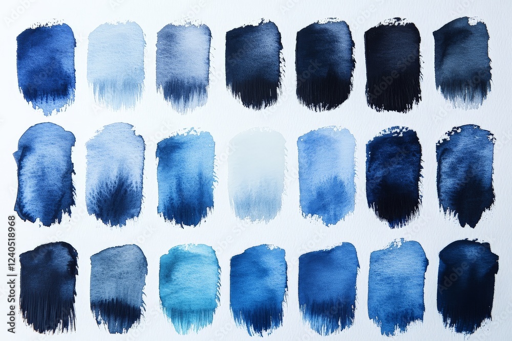 Poster diverse shades of blue watercolor swatches arranged in a grid pattern on a white background showing 