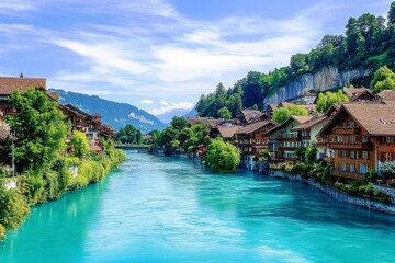 Fototapeta premium Scenic view of turquoise river flowing past charming old wooden houses surrounded by vibrant green trees and majestic mountains under a clear blue sky