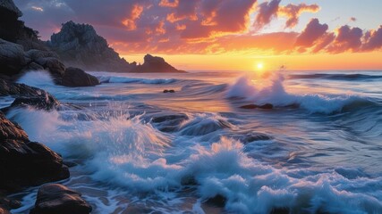 Stunning sunset over rocky coastline with crashing waves