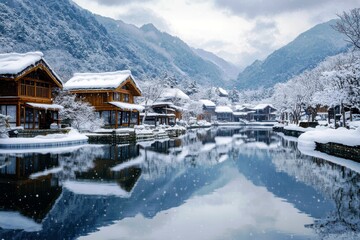 Fototapeta premium Serene Winter Landscape Featuring Snow-Covered Houses and Reflection in Calm Water Amidst Majestic Mountains in a Peaceful Setting