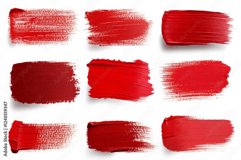 Poster various shades of red paint swatches arranged in a grid showcasing texture and tone variations for a