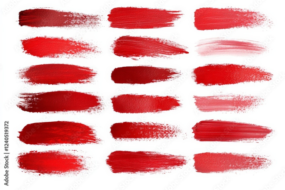 Poster Various shades of red paint displayed in swatches on a white background for artistic reference and color selection
