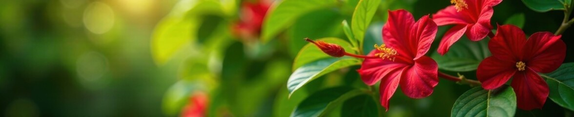 Fototapeta premium Red mandevilla blooms in a shaded area with lush greenery, botany, mandevilla flowers,