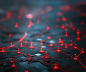 Network connections visualized with glowing red markers and lines, representing data flow and communication pathways in a digital landscape, copy space for text