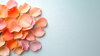 Fototapeta premium Vibrant mixed pastel rose petals flat lay arrangement floral photography soft background aesthetic appeal nature's beauty