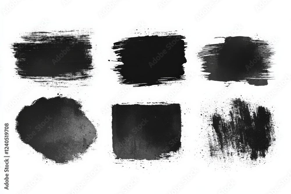 Poster black paint strokes on a white canvas showcasing various textures and shapes in a creative arrangeme