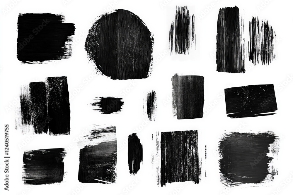 Poster Abstract black brush strokes in various forms and textures on a white background for creative design inspiration