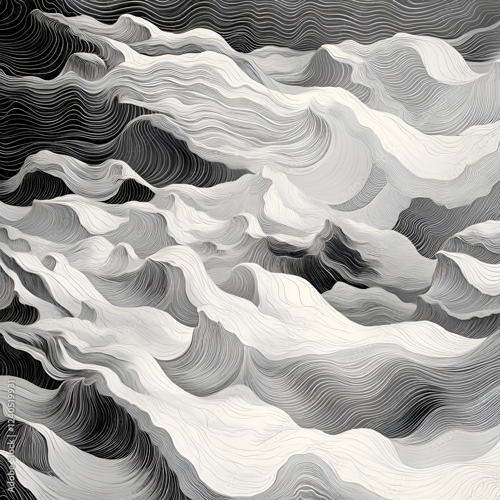 Poster fluid dynamics: an artistic monochrome representation of dynamic waves in motion, with soft, flowing