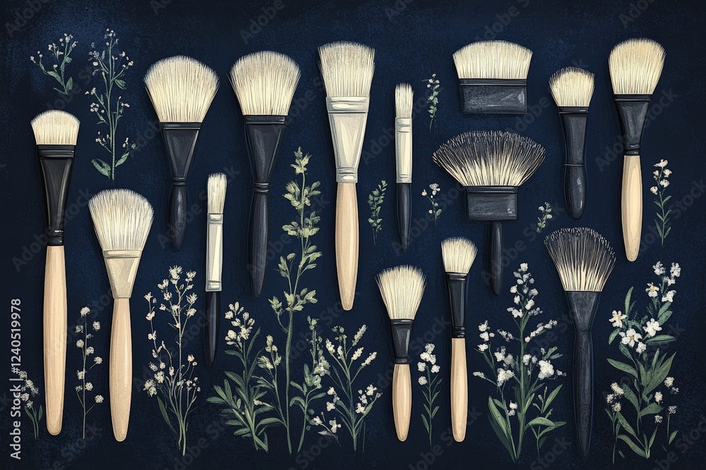 Poster artistic display of various paintbrushes arranged among greenery on a dark background