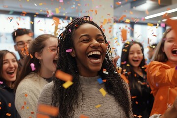 Happy diverse employees team celebrating success business achievement among confetti.