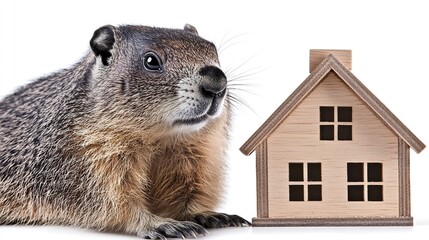 Woodchuck eyeing miniature house, white background
