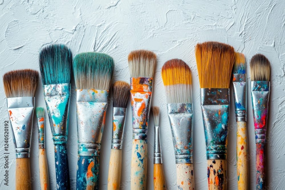 Poster Artists tools arranged in a neat row showcasing colorful paint on brushes against a textured background