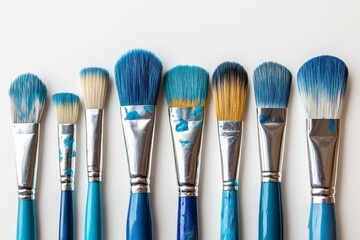 Various paintbrushes with blue bristles arranged in a row for artistic purposes in a creative workspace