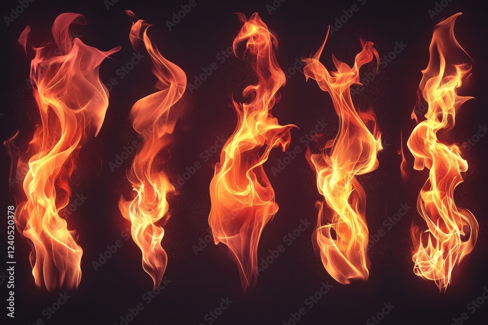 Aufkleber flames dancing in a dark background showcasing various shapes and movements during a fire performanc