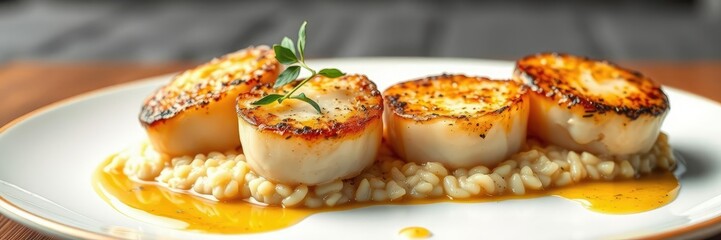 Pan-seared scallops with truffle risotto and golden reduction, seared scallops, risotto