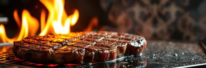 Pan seared steak with flames dancing across the cooking surface, juicy interior, culinary mastery, cooking techniques