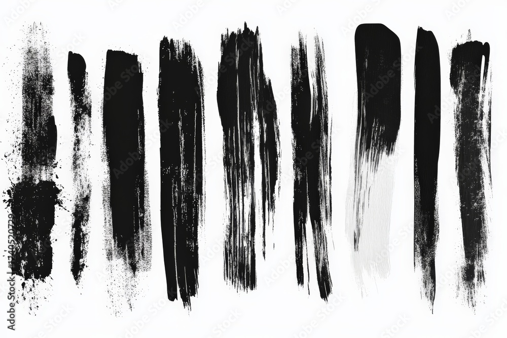 Poster black brush strokes on white canvas showcasing various artistic techniques and textures in contempor