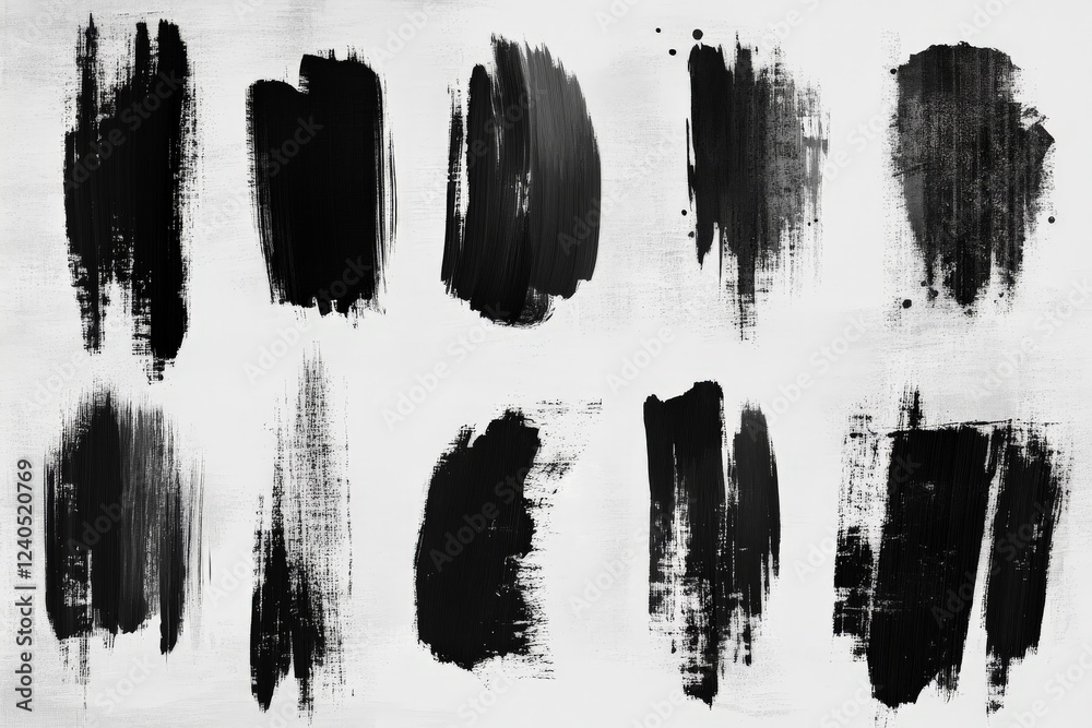 Aufkleber Abstract black brush strokes on a textured white canvas create a striking visual contrast, suitable for modern art themes