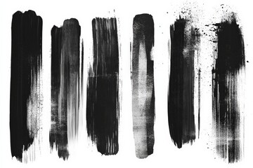 Black paint strokes on white canvas showcasing artistic expression and texture variations in...