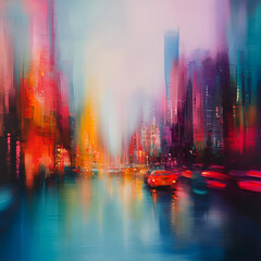Obraz premium City Lights Abstract: An impressionistic artwork capturing the vibrant energy of a bustling cityscape illuminated by a symphony of colorful lights. The artwork is dominated by a blend of vivid reds.