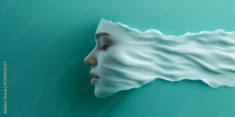 Poster Surreal Face in Flowing Fabric Innovative Digital Art for Creative Industries and Modern Aesthetics - Exploring Visual Storytelling in Branding and Media Campaigns