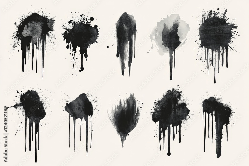 Aufkleber Black ink splashes create abstract art with varying shapes and textures on a light background