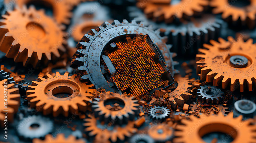 Poster decaying mechanical gears and outmoded code industrial setting high-resolution image macro view tech