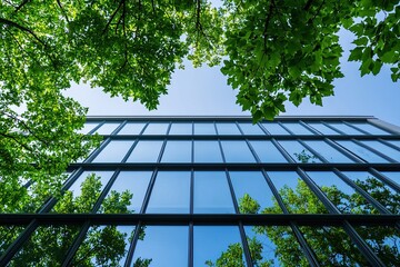green leaves and modern building Low angle view of modern skyscrapers in business district with green leaves